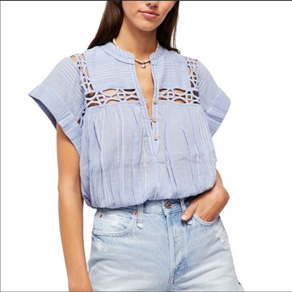 NEW Free People Cedar Lace Trim Popover Blouse Top Blue Gauze Cotton Medium - Picture 11 of 11